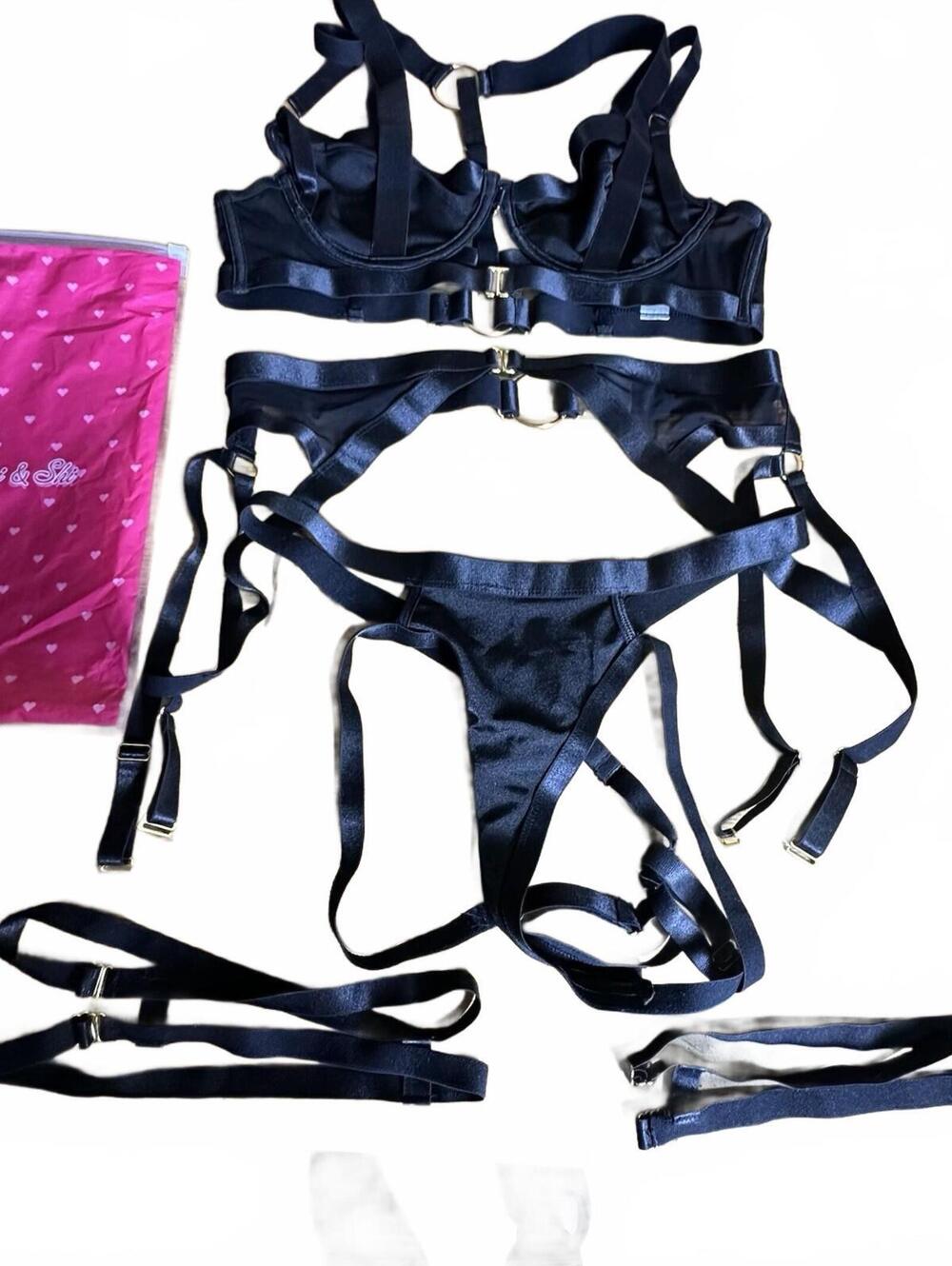 New Black 4 Piece Lingerie Set Black With Gold Hardware Strappy Goth Dom Sz Xl